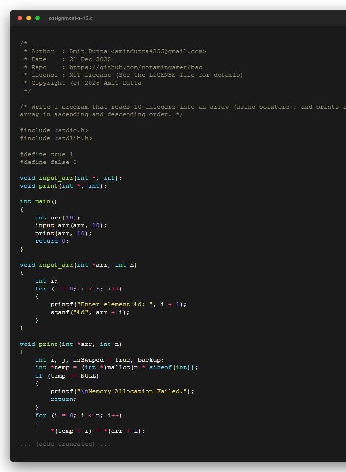 Write a program that reads 10 integers into an array (using pointers), and prints the array in ascending and descending order.